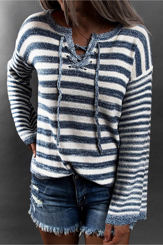 Striped Lace Up Bell Sleeve Sweater - Pullover Sweaters - FITGGINS