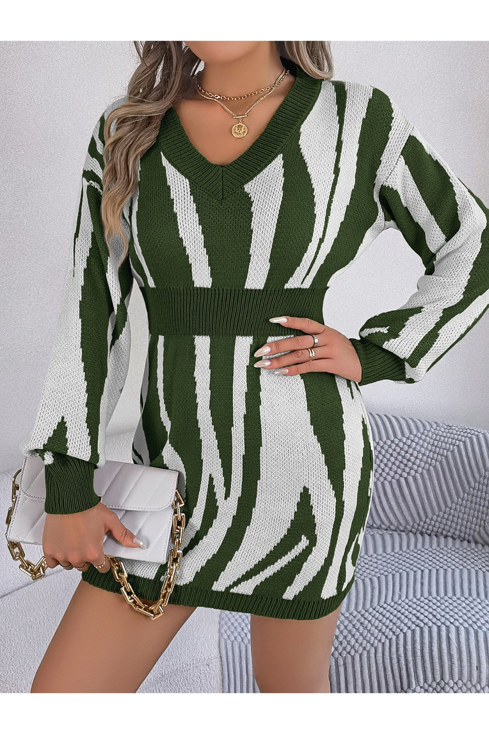 Animal Print V-Neck Long Sleeve Sweater Dress - Sweater Dresses - FITGGINS