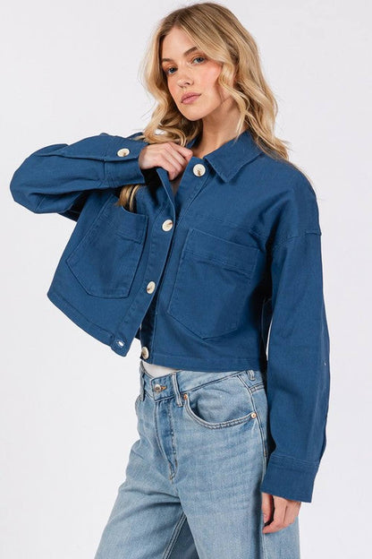 bytos Button Down Cropped Denim Jacket with Patch Pockets - Denim Jackets - FITGGINS