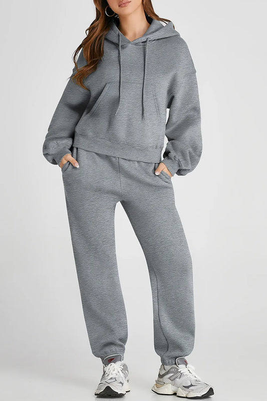 Dropped Shoulder Hooded Top and Pants Active Set Gray Fitggins