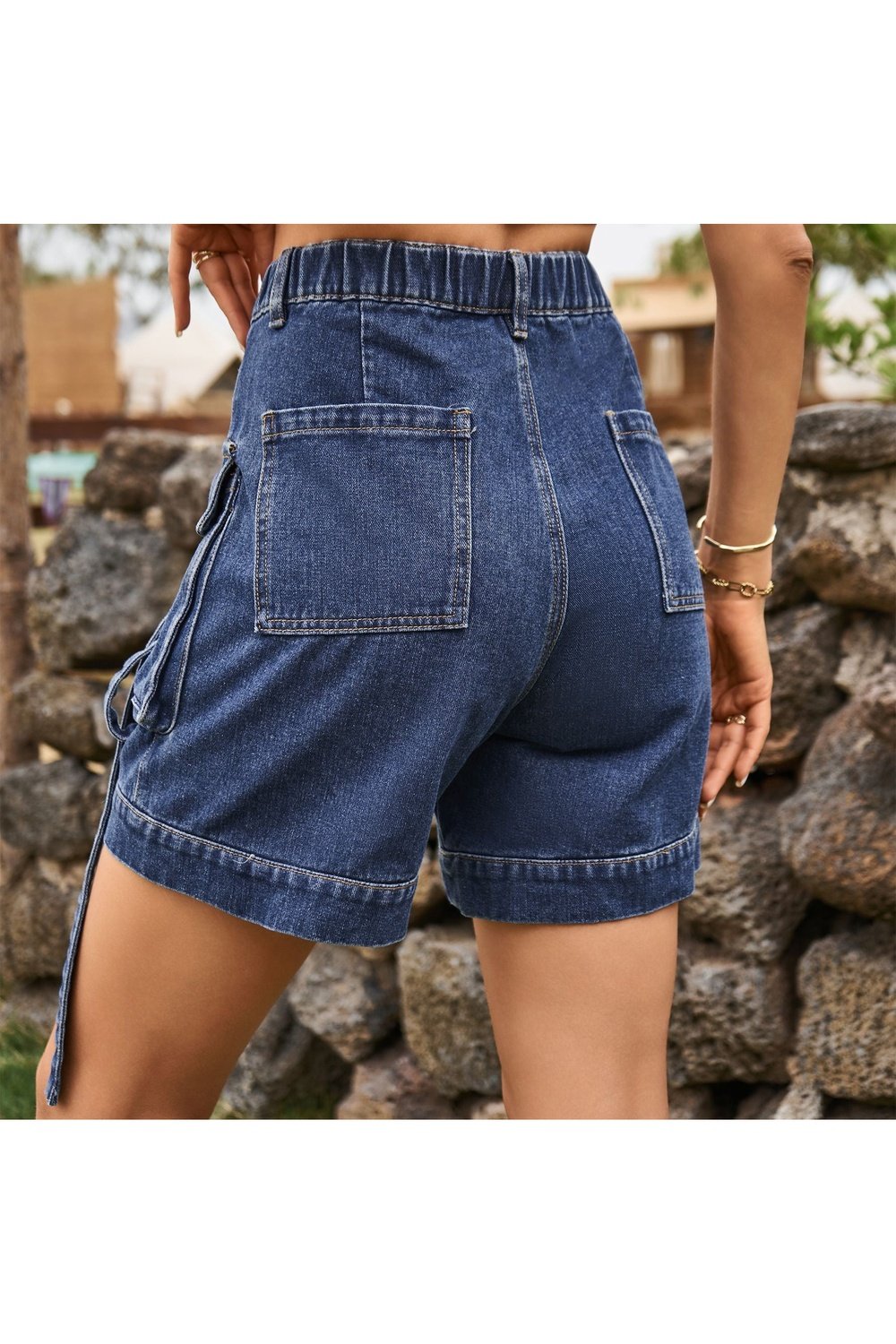 High Waist Denim Cargo Shorts - Denim Shorts - FITGGINS