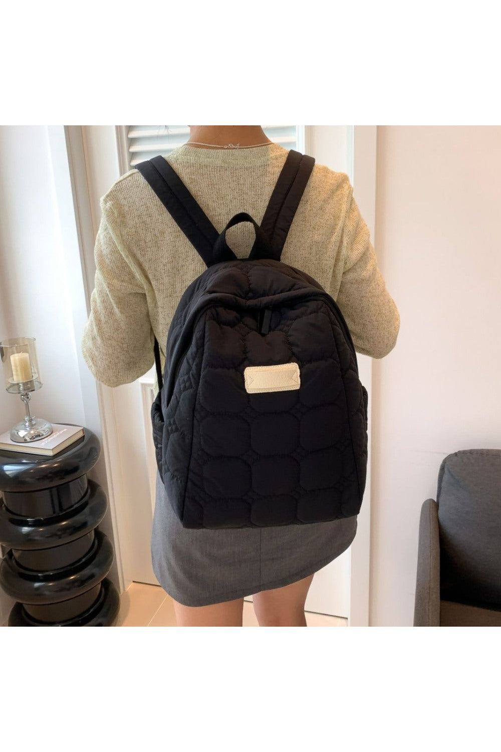 Quilted Polyester Backpack Bag - Handbag - FITGGINS