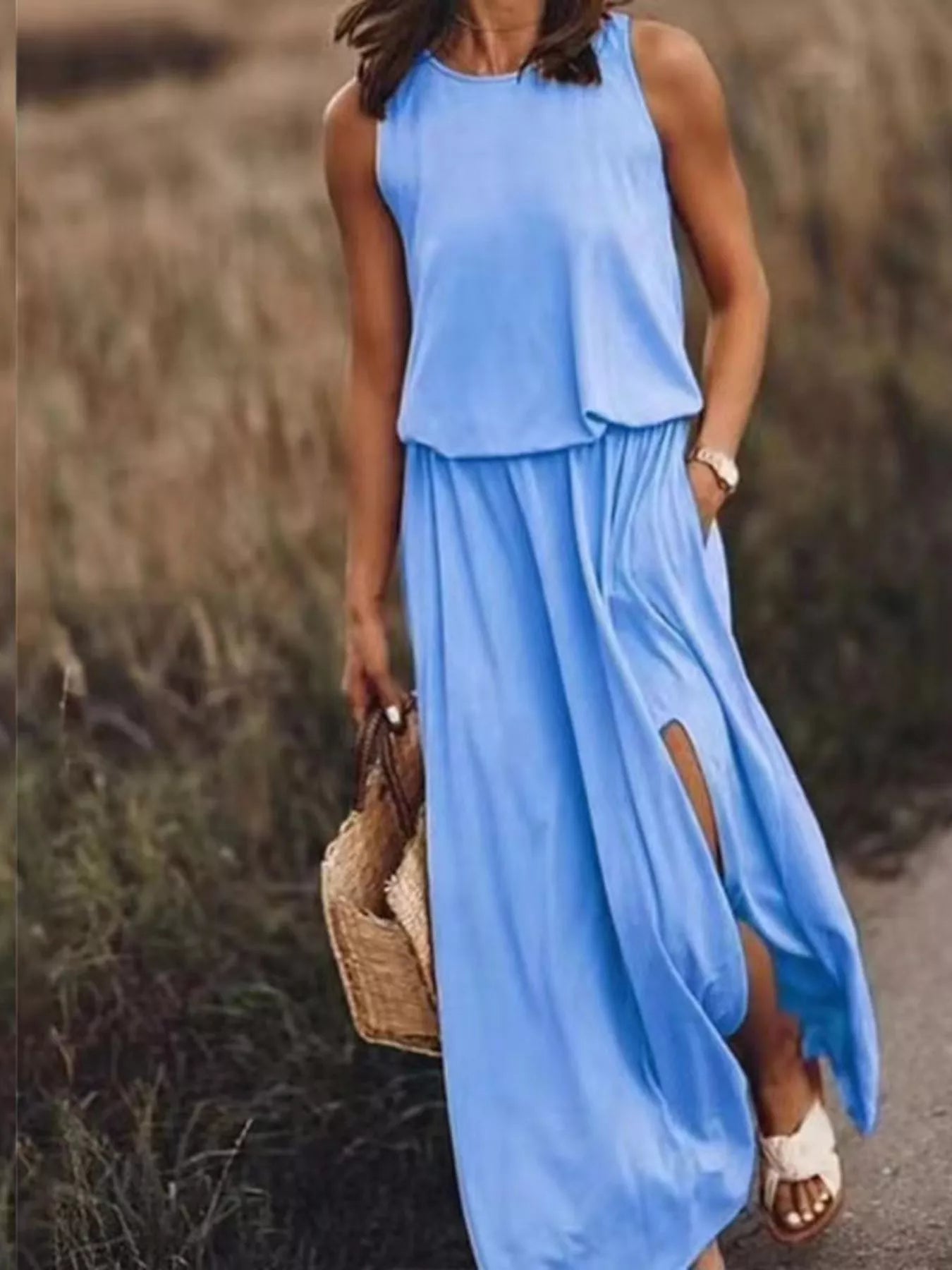 Full Size Round Neck Sleeveless Slit Maxi Dress Plus Size Sky Blue Fitggins