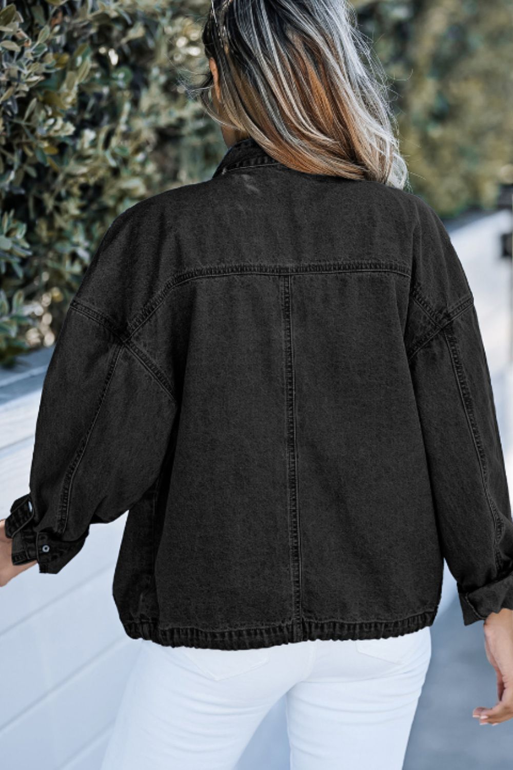 Drawstring Snap Down Denim Jacket with Chest Pockets - Denim Jackets - FITGGINS