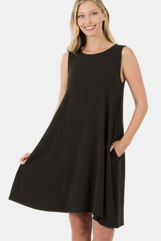 Zenana Full Size Sleeveless Flared Dress with Side Pockets - Casual & Maxi Dresses - FITGGINS