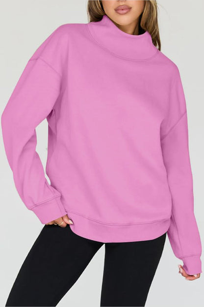 Mock Neck Drop Shoulder Long Sleeve Sweatshirt - Sweatshirts & Hoodies - FITGGINS