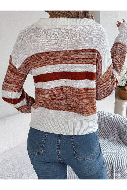 Striped Collared Neck Long Sleeve Sweater - Pullover Sweaters - FITGGINS