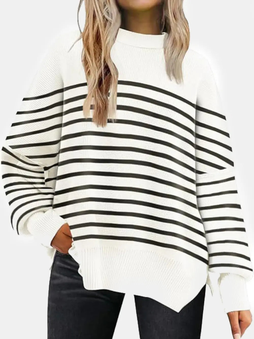 Round Neck Drop Shoulder Slit Sweater white stripes Fitggins