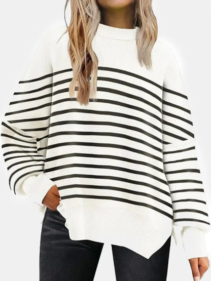 Round Neck Drop Shoulder Slit Sweater white stripes Fitggins