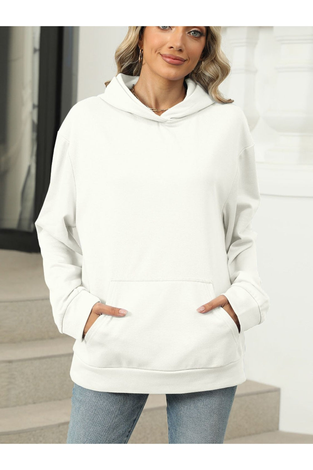 Pocketed Long Sleeve Hoodie - Sweatshirts & Hoodies - FITGGINS