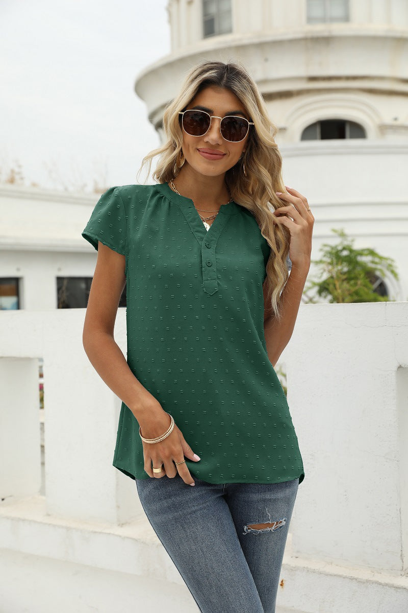 Swiss Dot Notched Neck Short Sleeve Top Forest Fitggins