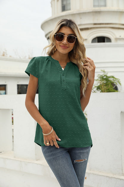Swiss Dot Notched Neck Short Sleeve Top Forest Fitggins