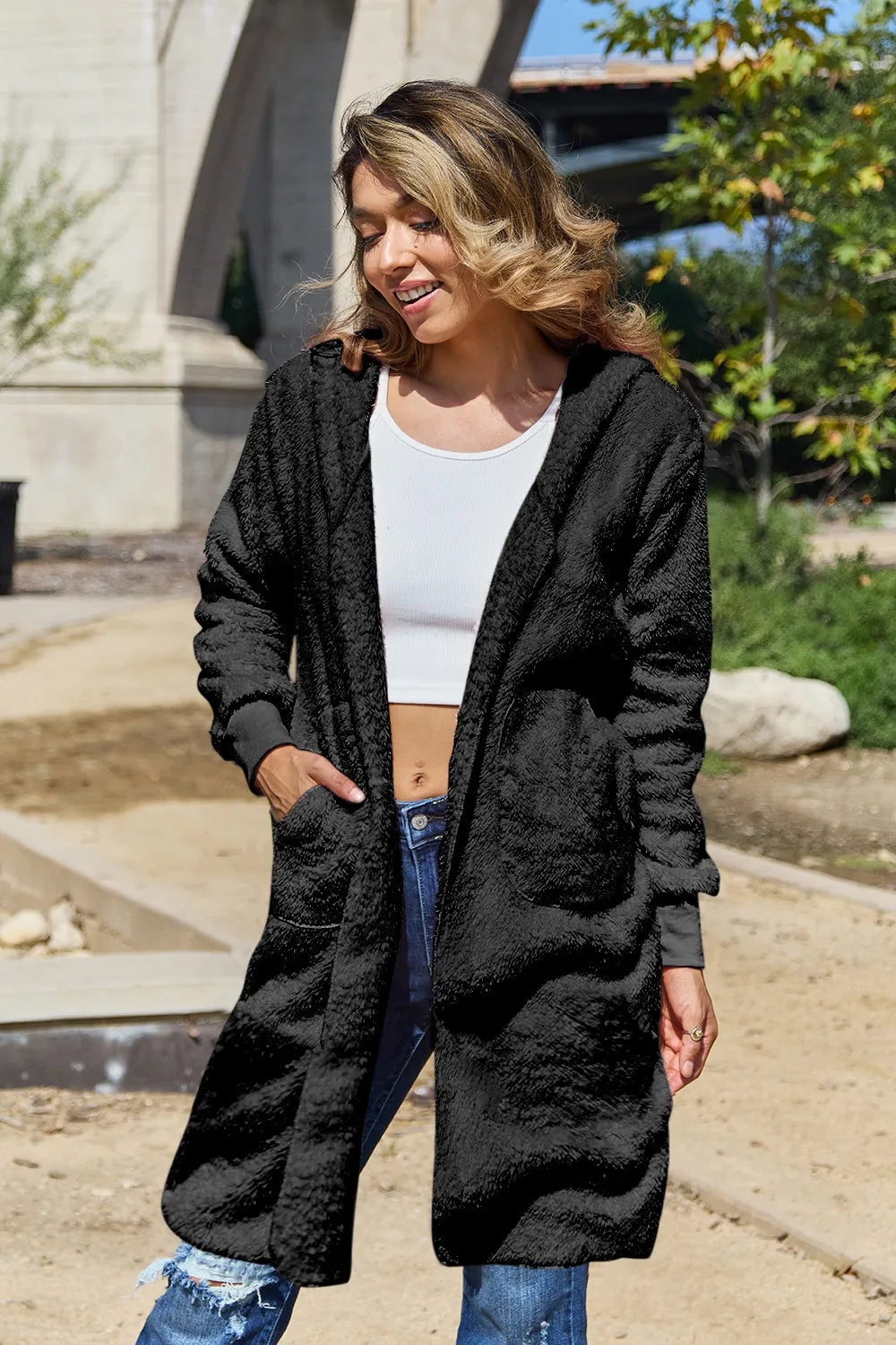 Double Take Full Size Hooded Teddy Bear Jacket with Thumbholes Black Fitggins