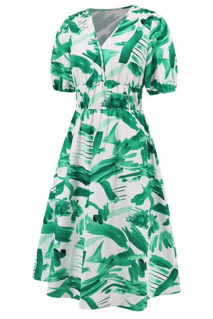 Ruched Printed Surplice Short Sleeve Dress - Casual & Maxi Dresses - FITGGINS