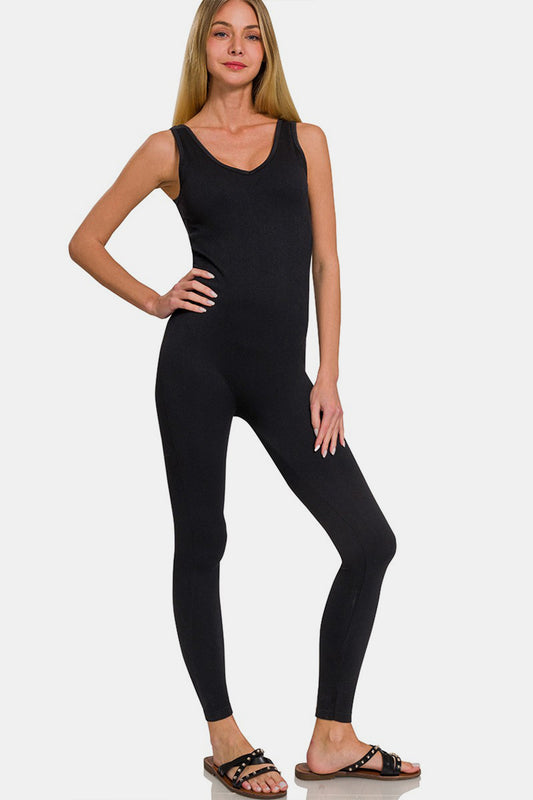 Zenana Ribbed Bra Padded Sports Seamless Jumpsuit - Active Set - FITGGINS