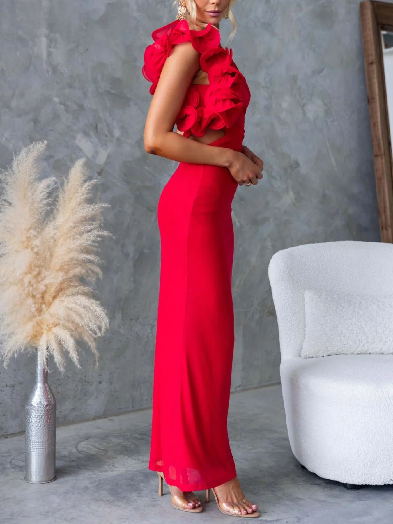 One-Shoulder Floral Trim Sleeveless Maxi Dress Fitggins