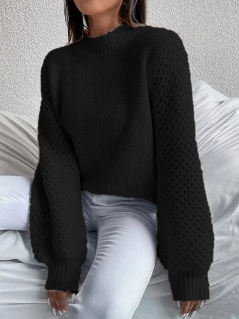 Openwork Mock Neck Long Sleeve Sweater Fitggins