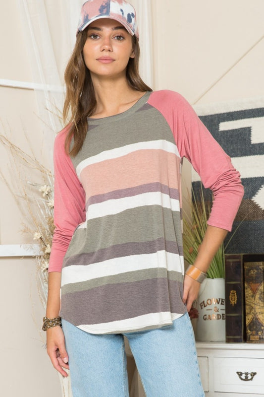 Celeste Full Size Striped Contrast Long Sleeve T-Shirt - T-Shirts - FITGGINS