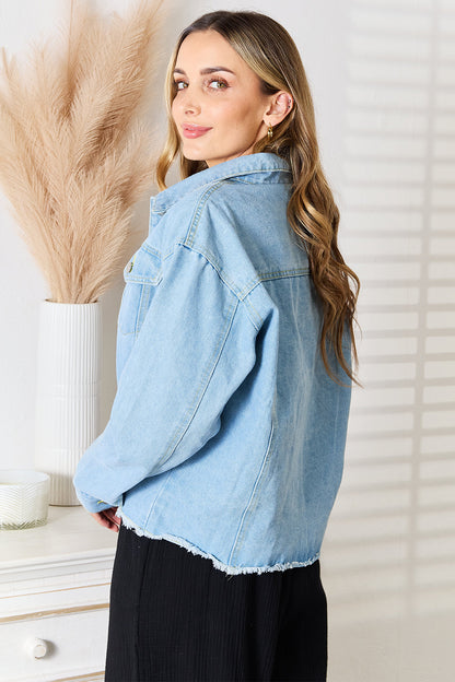 Double Take Dropped Shoulder Raw Hem Denim Jacket - Denim Jackets - FITGGINS