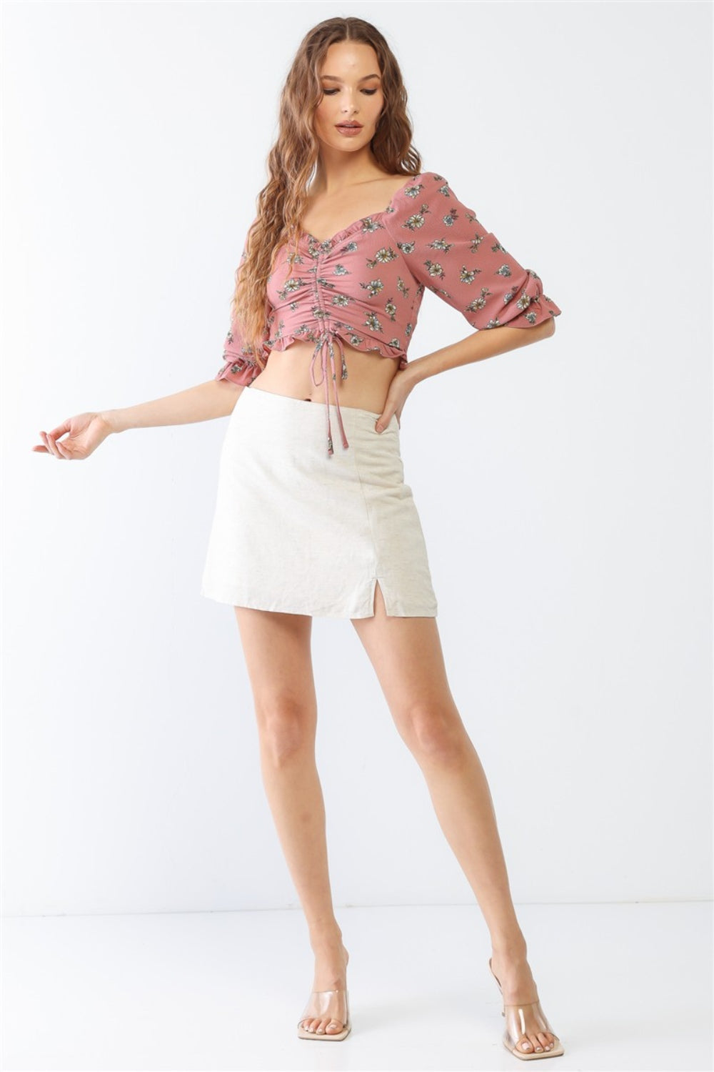 Miss Love / Kevin Co. Floral Ruffle Smocked Back Ruched Crop Top - Shirts - FITGGINS