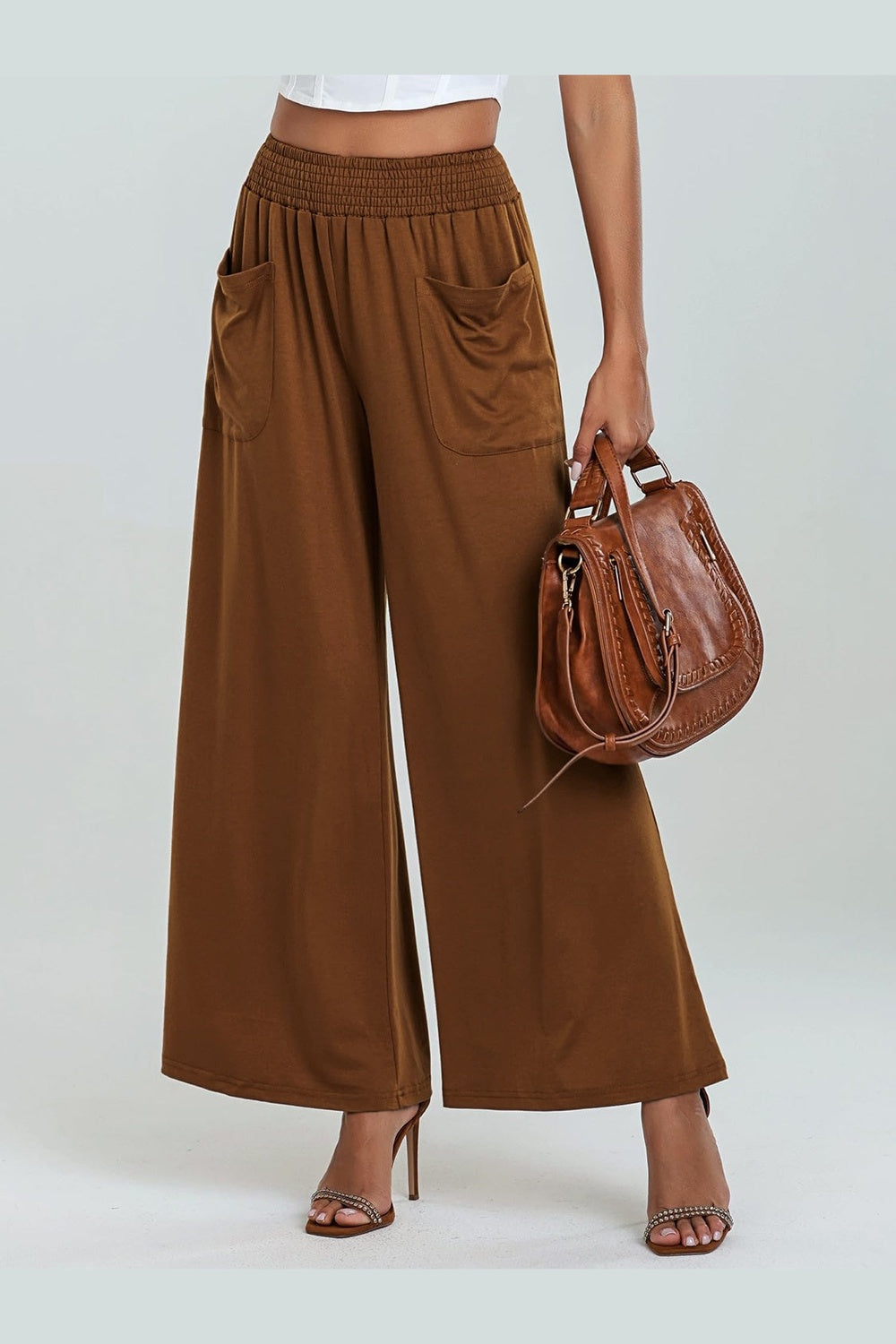 Pocketed Elastic Waist Wide Leg Pants - Pants - FITGGINS