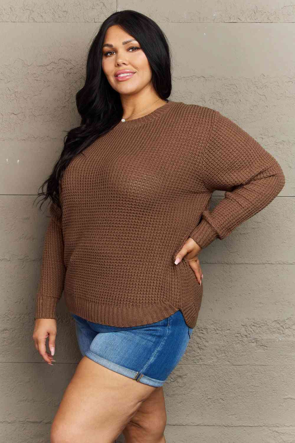 Zenana Breezy Days Plus Size High Low Waffle Knit Sweater - Pullover Sweaters - FITGGINS