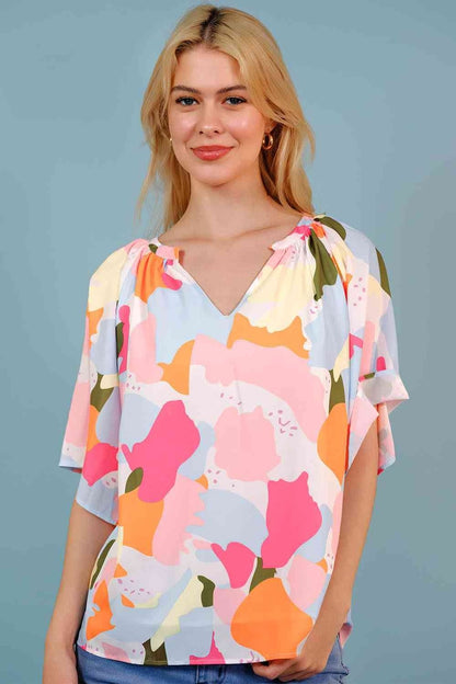 Printed Notched Neck Half Sleeve Blouse - Blouses - FITGGINS