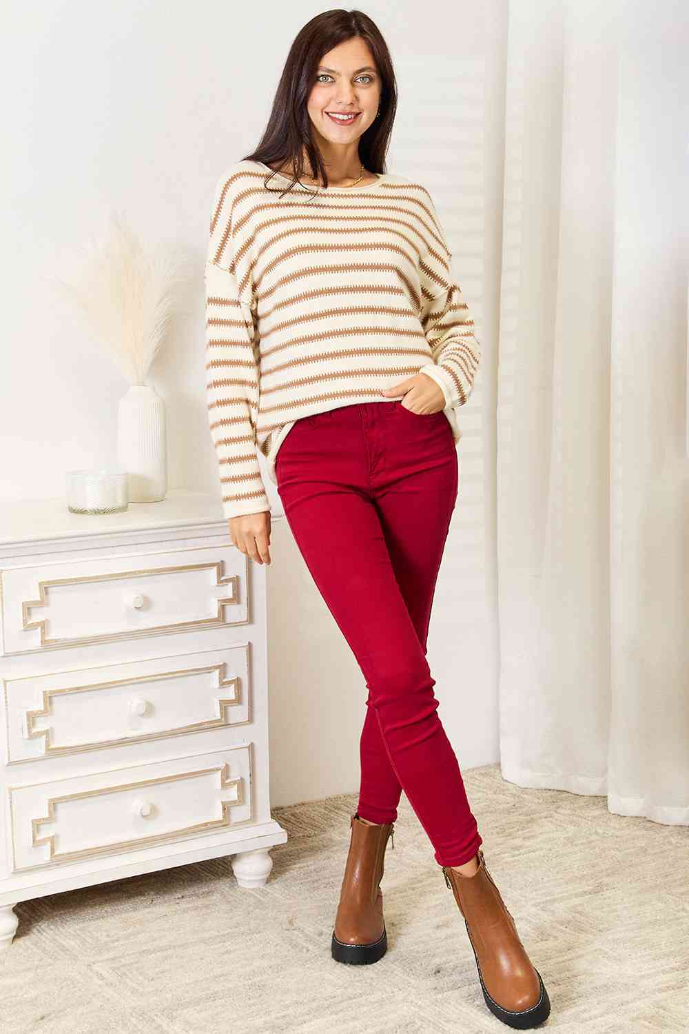 Double Take Striped Boat Neck Sweater - Pullover Sweaters - FITGGINS