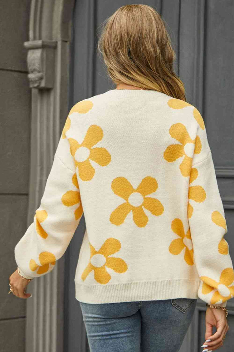 Floral Print Round Neck Dropped Shoulder Pullover Sweater