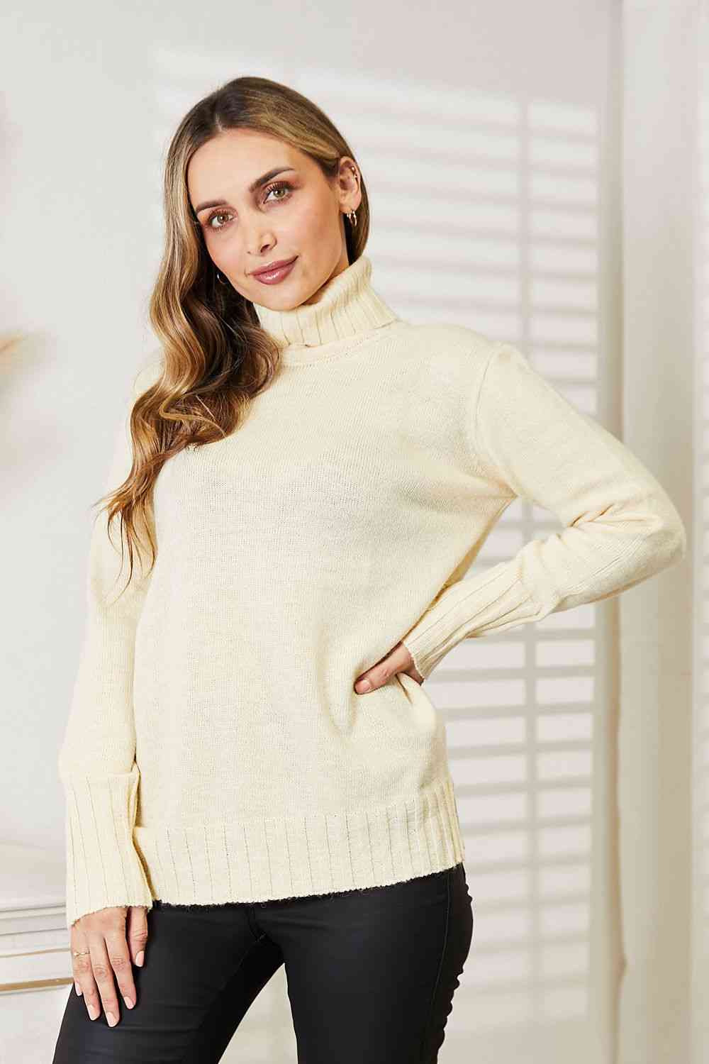 Heimish Full Size Long Sleeve Turtleneck Sweater with Side Slit - Pullover Sweaters - FITGGINS