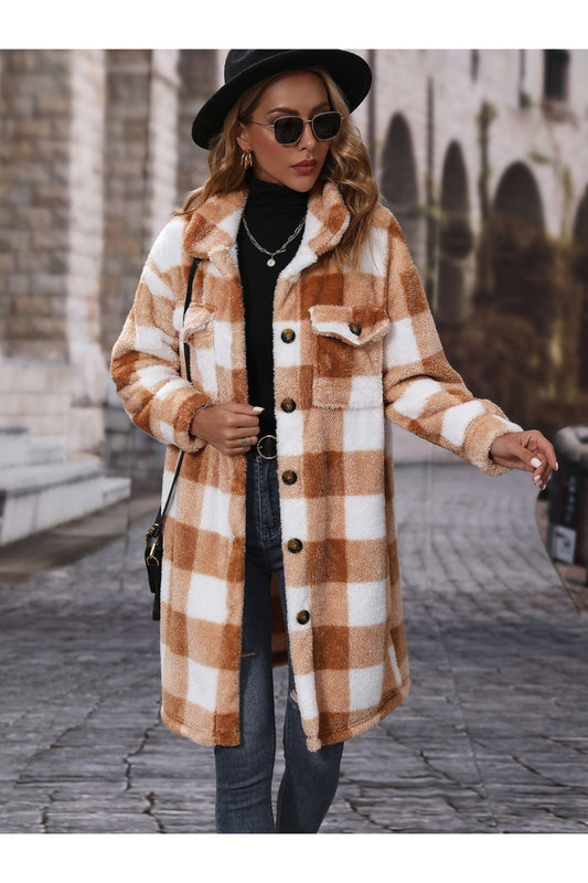 Plaid Collared Neck Button Down Coat - Jackets - FITGGINS