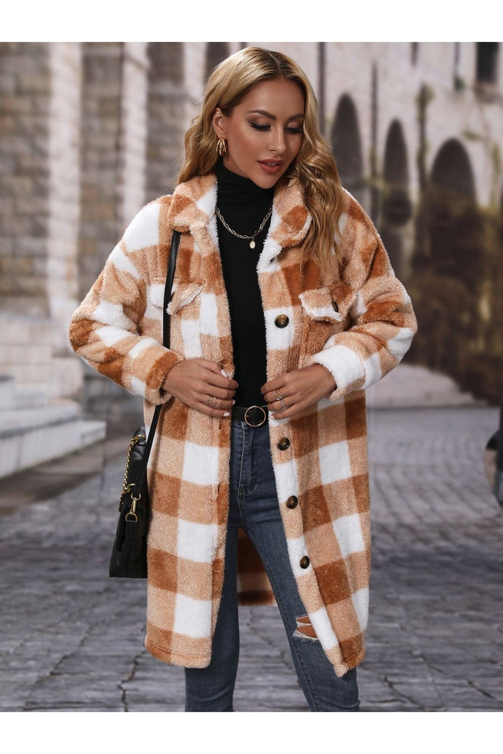 Plaid Collared Neck Button Down Coat - Jackets - FITGGINS