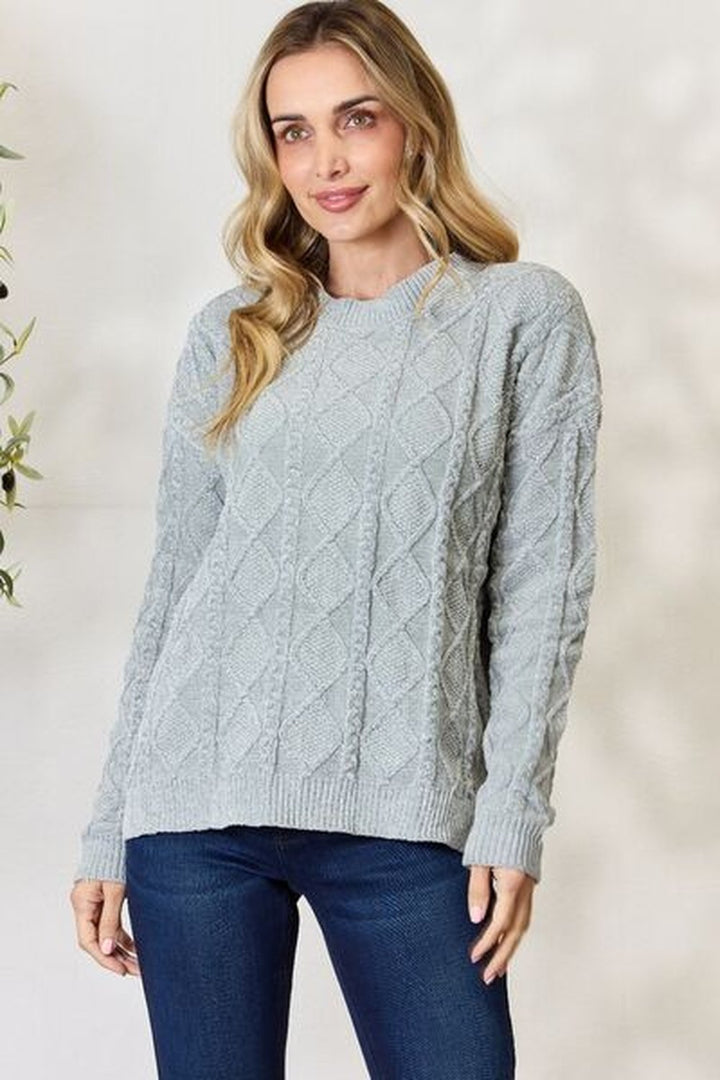 BiBi Cable Knit Round Neck Sweater - Pullover Sweaters - FITGGINS