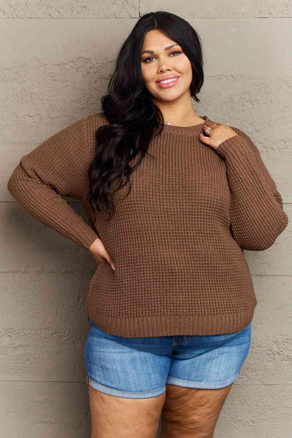 Zenana Breezy Days Plus Size High Low Waffle Knit Sweater - Pullover Sweaters - FITGGINS