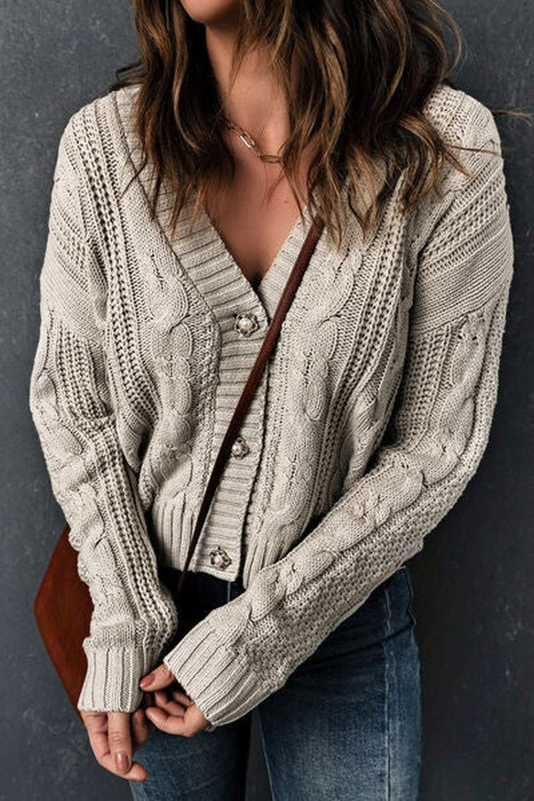 Cable-Knit Button Up Dropped Shoulder Cardigan - Cardigans - FITGGINS