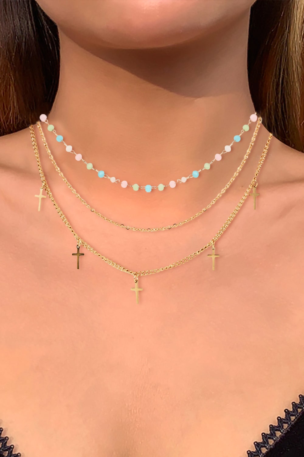 18K Gold Plated Cross Pendant Triple-Layered Necklace - Necklaces - FITGGINS