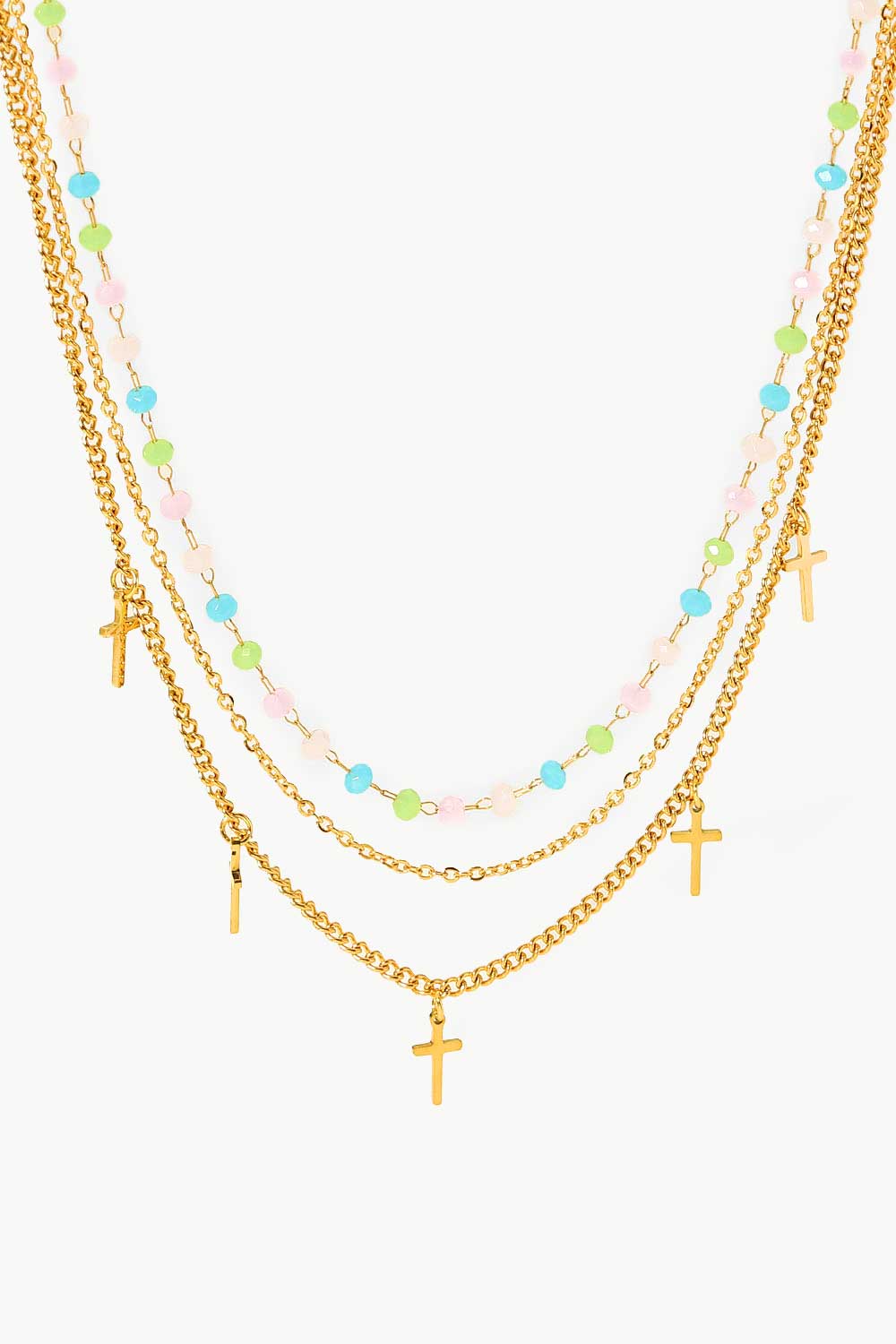 18K Gold Plated Cross Pendant Triple-Layered Necklace - Necklaces - FITGGINS