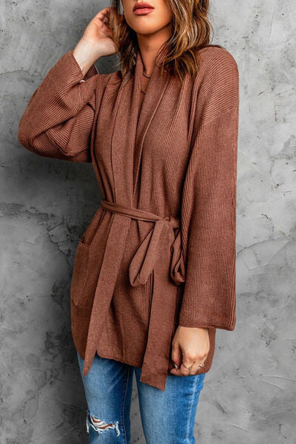 Tied Open Front Dropped Shoulder Cardigan - Cardigans - FITGGINS
