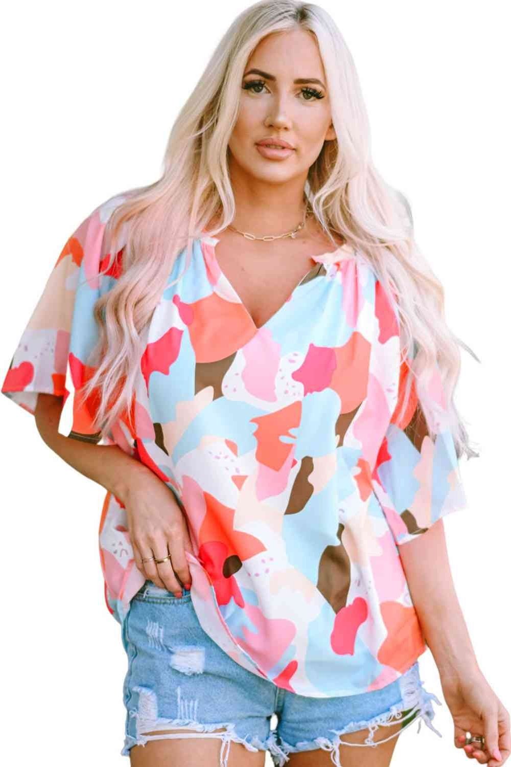 Printed Notched Neck Half Sleeve Blouse - Blouses - FITGGINS