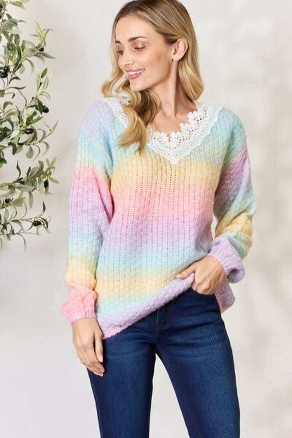 BiBi Rainbow Gradient Crochet Deetail Sweater - Pullover Sweaters - FITGGINS
