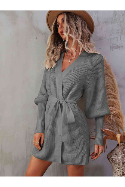 Belted Surplice Lantern Sleeve Wrap Sweater Dress - Sweater Dresses - FITGGINS