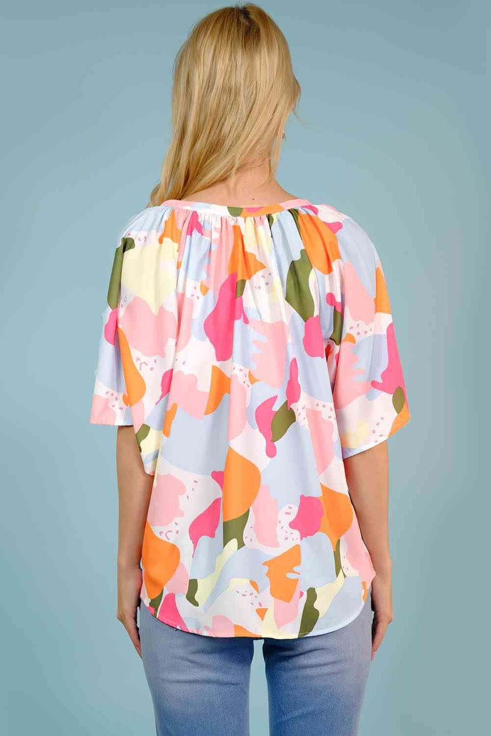 Printed Notched Neck Half Sleeve Blouse - Blouses - FITGGINS