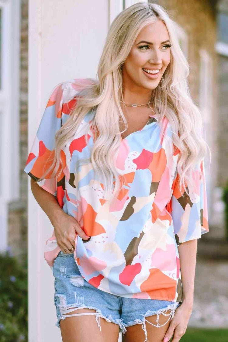 Printed Notched Neck Half Sleeve Blouse - Blouses - FITGGINS