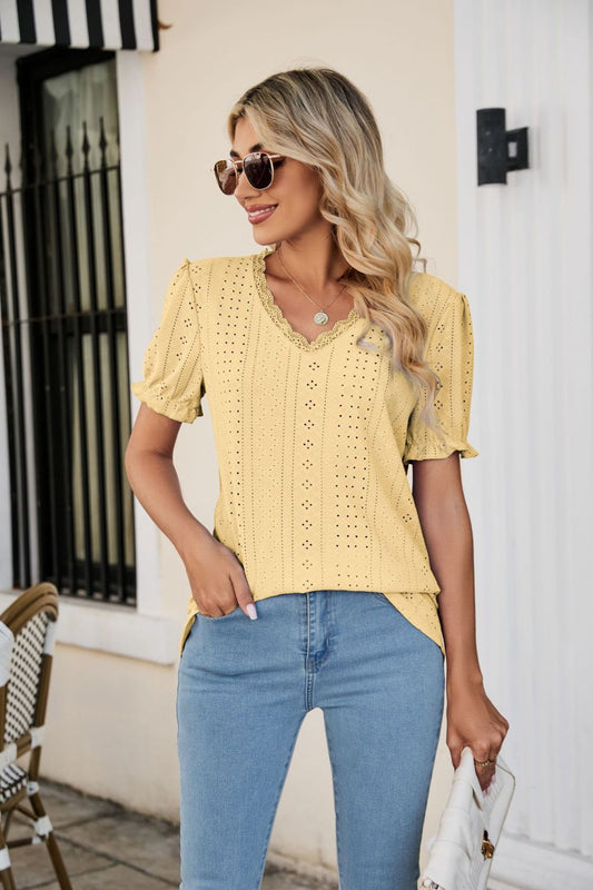 Eyelet Flounce Sleeve Scalloped V-Neck Top - Blouses - FITGGINS