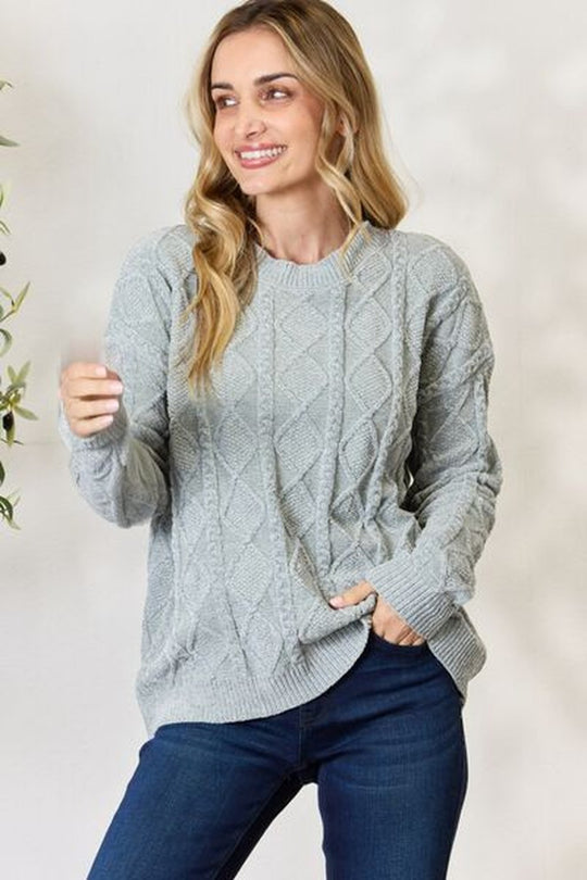 BiBi Cable Knit Round Neck Sweater - Pullover Sweaters - FITGGINS