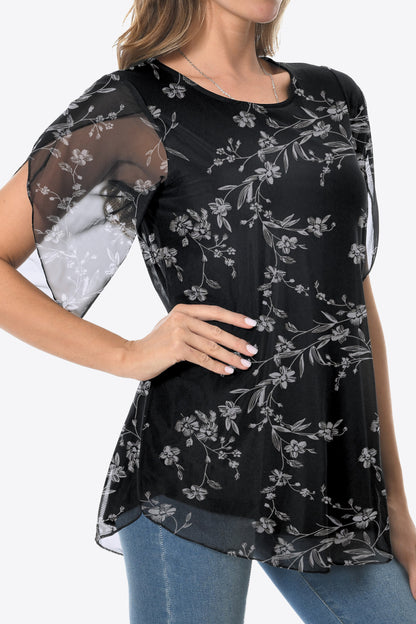 Printed Round Neck Curved Hem Blouse - Blouses - FITGGINS