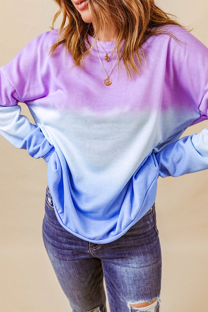 Tie-Dye Drop Shoulder Round Neck Sweatshirt - Sweatshirts & Hoodies - FITGGINS