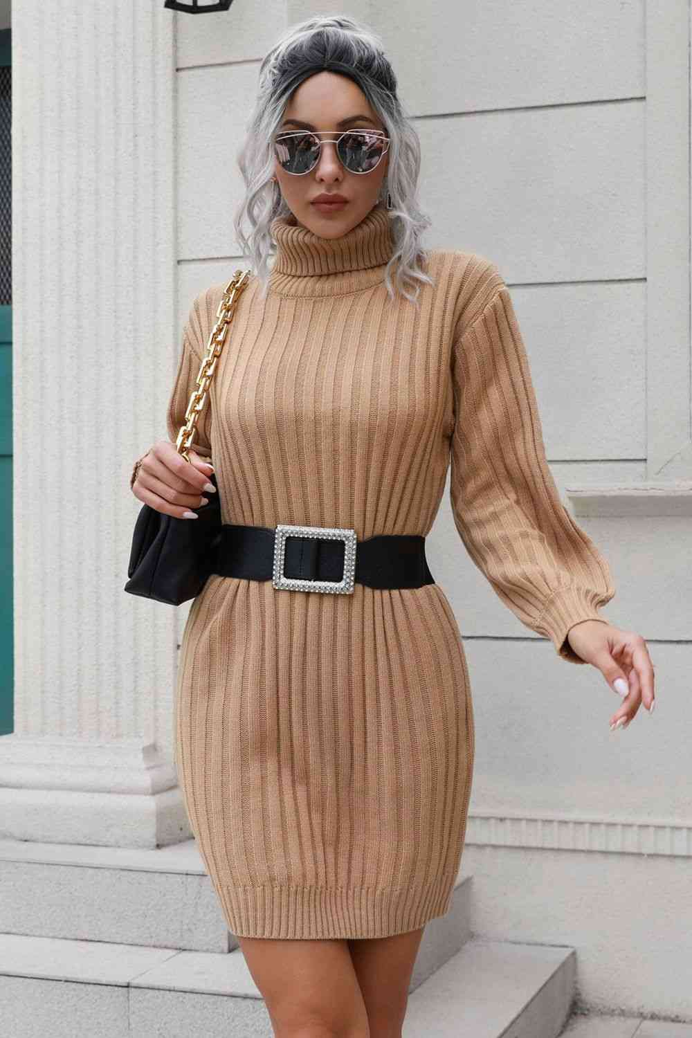 Ribbed Turtle Neck Long Sleeve Mini Sweater Dress - Sweater Dresses - FITGGINS