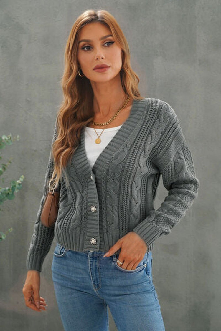Cable-Knit Button Up Dropped Shoulder Cardigan - Cardigans - FITGGINS