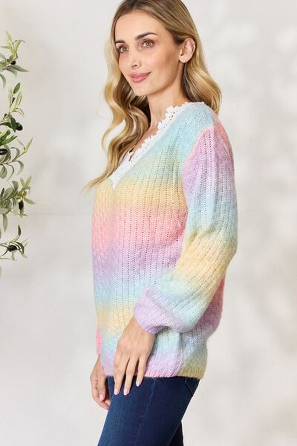 BiBi Rainbow Gradient Crochet Deetail Sweater - Pullover Sweaters - FITGGINS